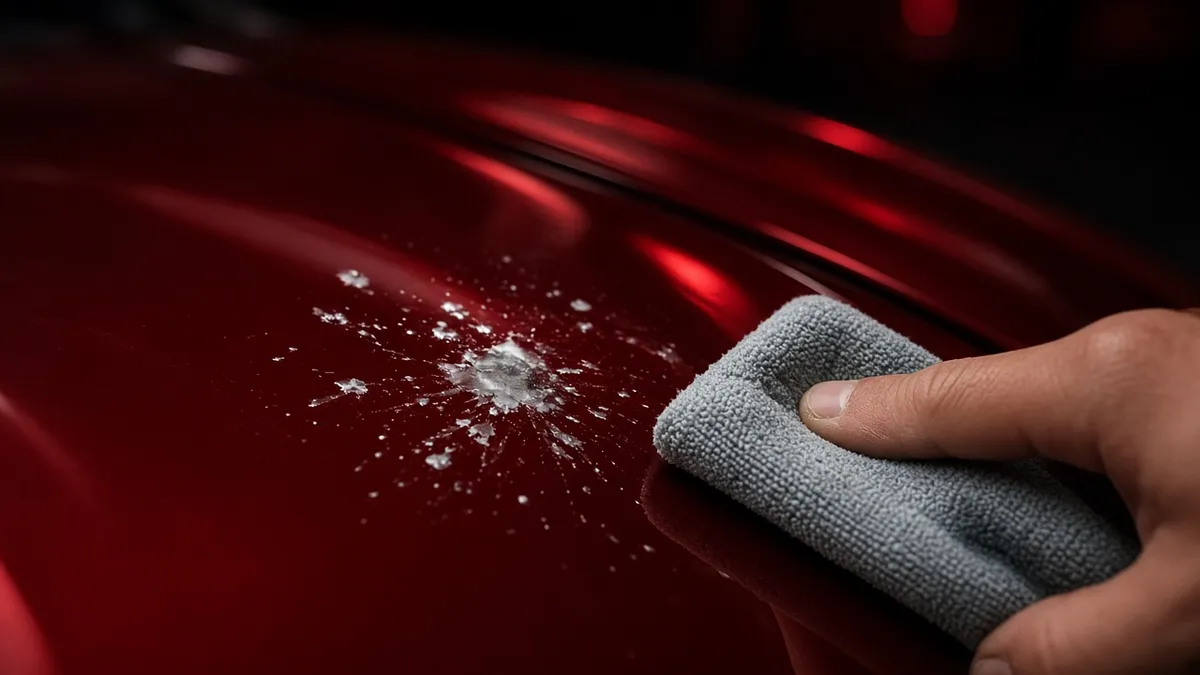 Capô de carro com sujeira de pássaro sendo umedecida antes da limpeza