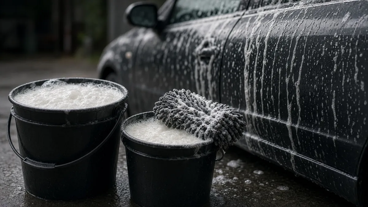 Dois baldes com espuma e luva de lavagem ao lado de carro ensaboado