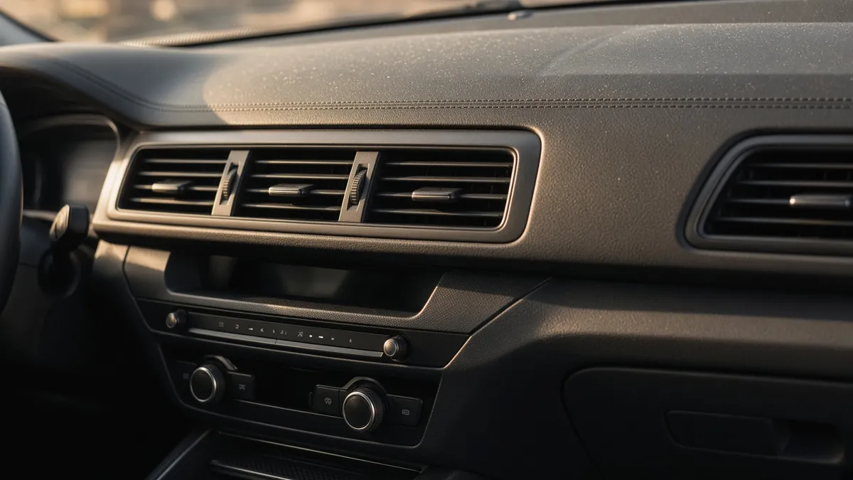 Painel e saídas de ar de carro com luz quente entrando pelo para-brisa