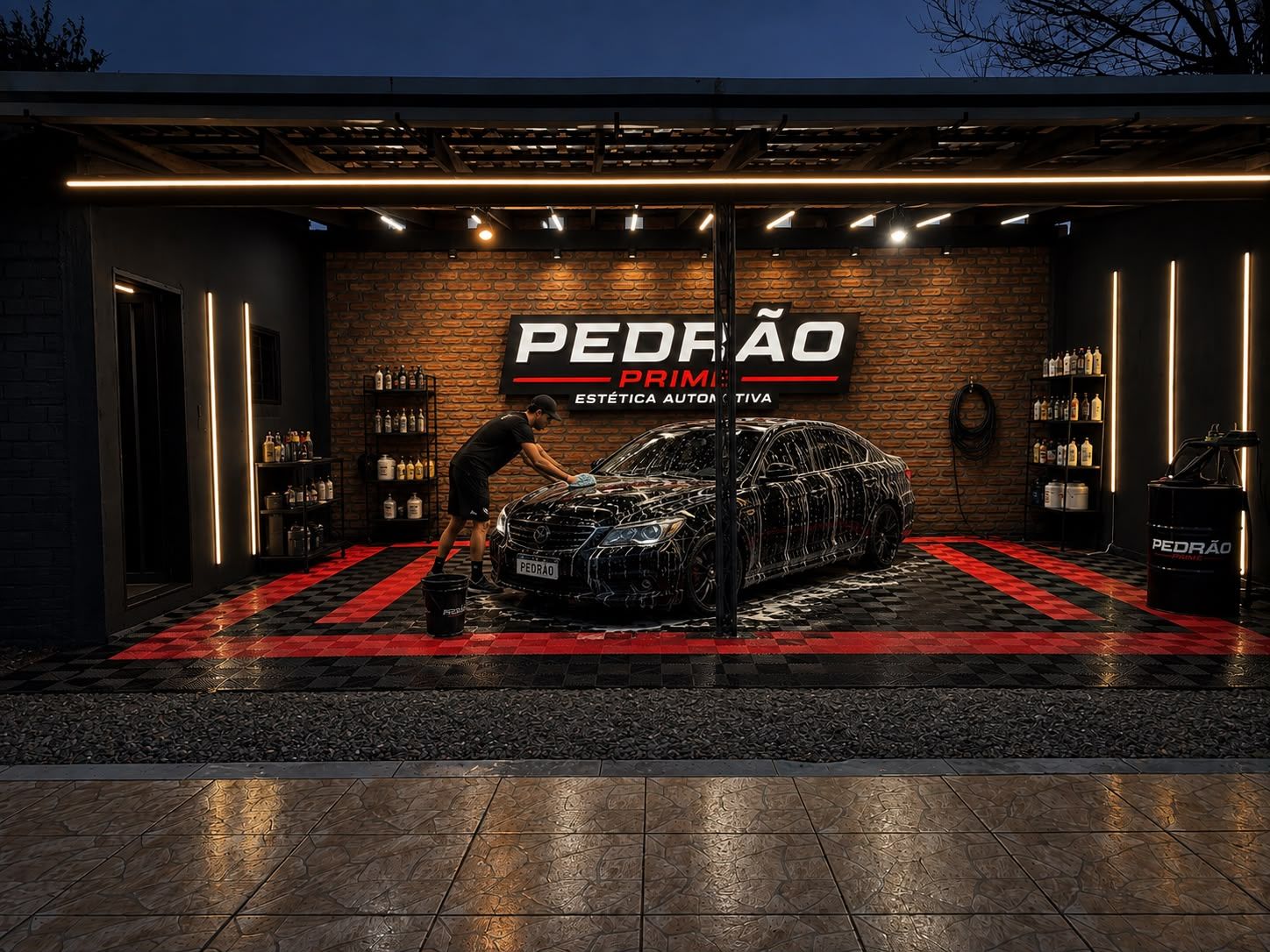 Arte da marca Pedrão Prime com carro iluminado